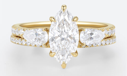 Marquise Cut 1ct Lab Grown Diamond Ring​ Set Pavé 6 Claw Prong Engagement Ring Set in Yellow Gold