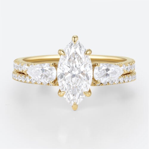 Marquise Cut 1ct Lab Grown Diamond Ring​ Set Pavé 6 Claw Prong Engagement Ring Set in Yellow Gold