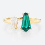 Shield Cut Toi Et Moi Ring Emeralds & Diamond 4 Claw Prong Engagement Ring in Yellow Gold