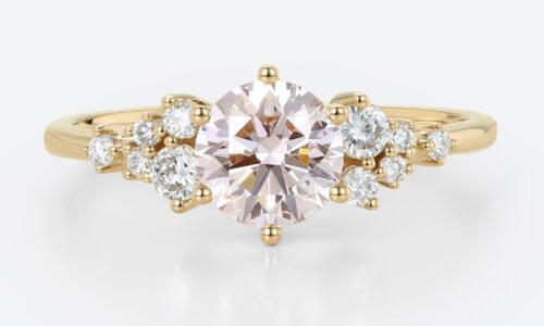 1ct Round Lab Pink Diamond Ring​ Scattered Cluster Engagement Ring in Yellow Gold