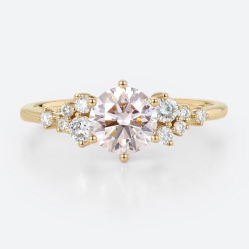 1ct Round Lab Pink Diamond Ring Scattered Cluster Engagement Ring in Yellow Gold