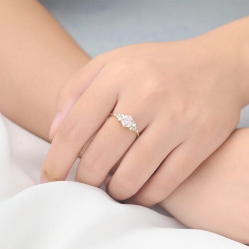 1ct Round Lab Pink Diamond Ring Scattered Cluster Engagement Ring in Yellow Gold