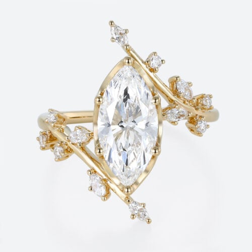 2ct Marquise Cut Lab Grown Diamond Ring​ Asymmetric Branch 6-Prong Engagement Ring in Yellow Gold