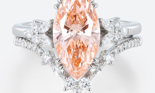 3ct Marquise Cut Lab Pink Diamond Ring​ Set Modern 4 Double Claw Prong Bridal Ring Set in White Gold