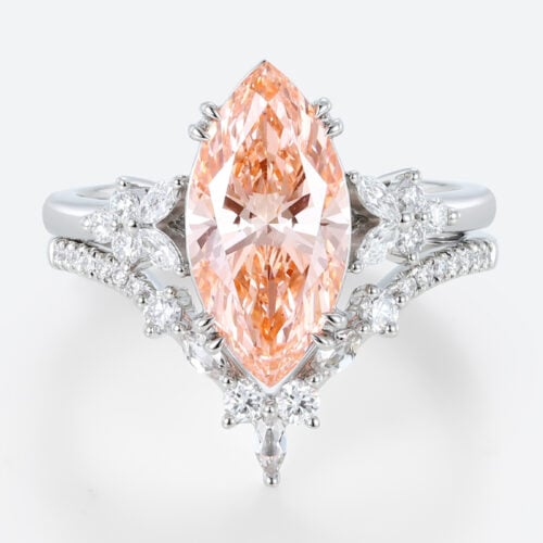 3ct Marquise Cut Lab Pink Diamond Ring​ Set Modern 4 Double Claw Prong Bridal Ring Set in White Gold