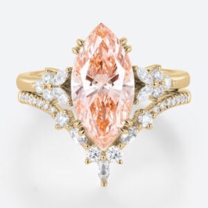 3ct Marquise Cut Lab Pink Diamond Ring​ Set Modern 4 Double Claw Prong Bridal Ring Set in Yellow Gold