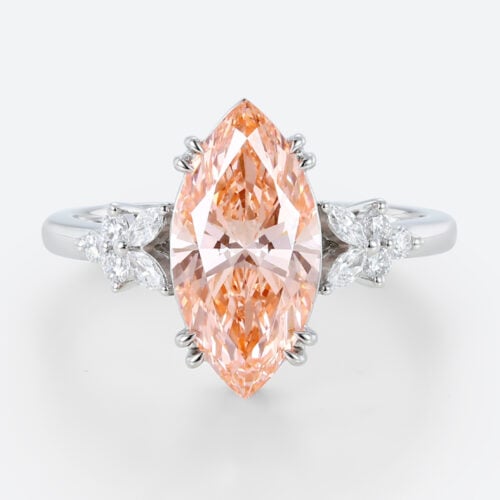3ct Marquise Cut Lab Pink Diamond Ring​ Modern Cluster 4 Double Claw Prong Engagement Ring in White Gold