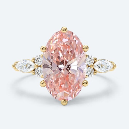 4ct Fancy Pink VS+ Oval Cut Lab Grown Pink Diamond European Shank 6-Prong Engagement Ring in Yellow Gold