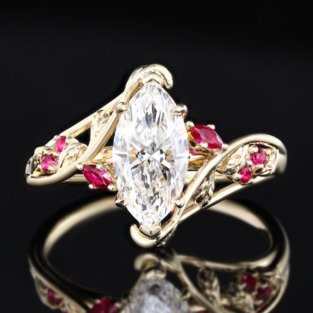 1.5ct Marquise Cut Lab Diamond Ring​ Nature-Inspired Ruby Accent 6-Prong Engagement Ring in Rose Gold
