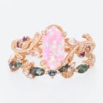 Elongated Hexagon Pink Opal Ring Set Matte Finish Botanical Ring in Rose Gold