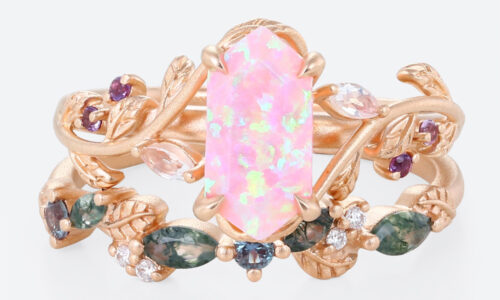 Elongated Hexagon Pink Opal Ring Set Matte Finish Botanical Ring in Rose Gold