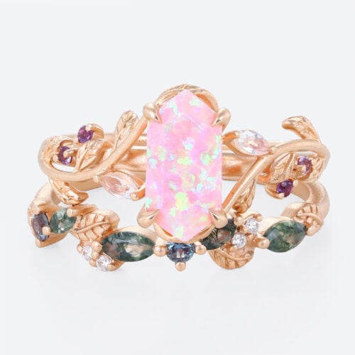 Elongated Hexagon Pink Opal Ring Set Matte Finish Botanical Ring in Rose Gold