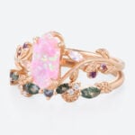 Elongated Hexagon Pink Opal Ring Set Matte Finish Botanical Ring in Rose Gold