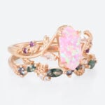 Elongated Hexagon Pink Opal Ring Set Matte Finish Botanical Ring in Rose Gold