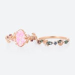 Elongated Hexagon Pink Opal Ring Set Matte Finish Botanical Ring in Rose Gold