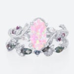 Elongated Hexagon Pink Opal Ring Set Matte Finish Botanical Ring in White Gold