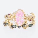 Elongated Hexagon Pink Opal Ring Set Matte Finish Botanical Ring in Yellow Gold
