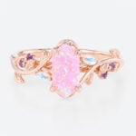 Elongated Hexagon Cut Pink Opal Ring with Colorful Accent Stones in Rose Gold