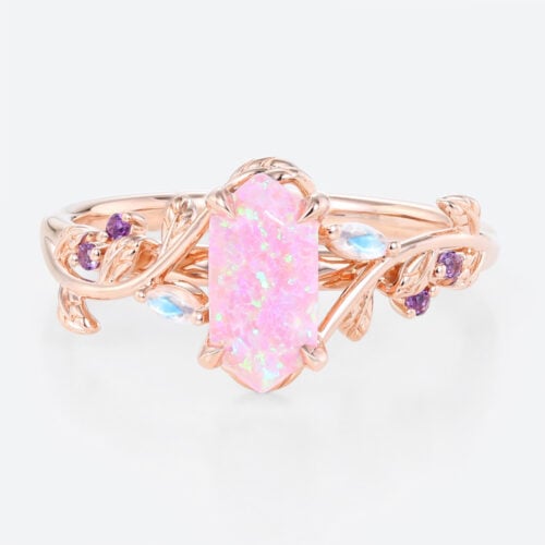 Elongated Hexagon Cut Pink Opal Ring with Colorful Accent Stones in Rose Gold