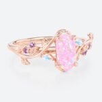 Elongated Hexagon Cut Pink Opal Ring with Colorful Accent Stones in Rose Gold