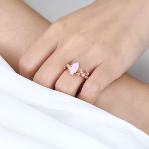 Elongated Hexagon Cut Pink Opal Ring with Colorful Accent Stones in Rose Gold
