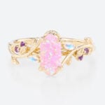 Elongated Hexagon Cut Pink Opal Ring with Colorful Accent Stones in Yellow Gold