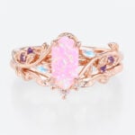 Elongated Hexagon Pink Opal Ring Set Vine Leaf Engagement Ring with Curved Wedding Band Set in Rose Gold