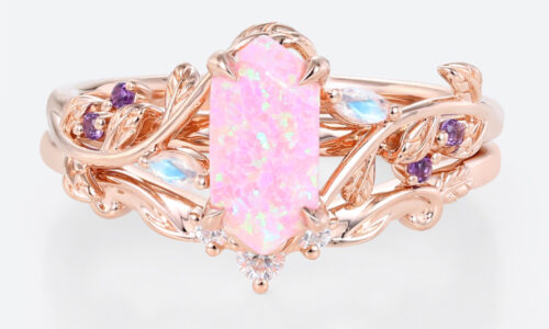 Elongated Hexagon Pink Opal Ring Set Vine Leaf Engagement Ring with Curved Wedding Band Set in Rose Gold