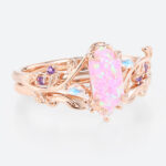 Elongated Hexagon Pink Opal Ring Set Vine Leaf Engagement Ring with Curved Wedding Band Set in Rose Gold