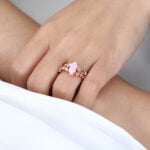 Elongated Hexagon Pink Opal Ring Set Vine Leaf Engagement Ring with Curved Wedding Band Set in Rose Gold