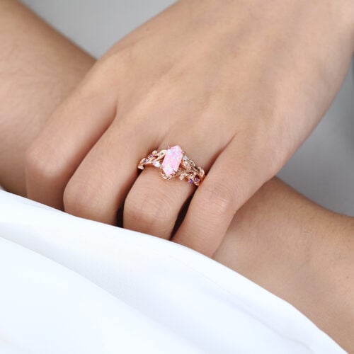 Elongated Hexagon Pink Opal Ring Set Vine Leaf Engagement Ring with Curved Wedding Band Set in Rose Gold
