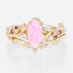 Elongated Hexagon Pink Opal Ring Set Vine Leaf Engagement Ring with Curved Wedding Band Set in Yellow Gold