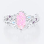 Elongated Hexagon Pink Opal Ring Set Vine Leaf Engagement Ring with Curved Wedding Band Set in White Gold