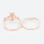 Elongated Hexagon Pink Opal Ring Set Vine Leaf Engagement Ring with Curved Wedding Band Set in Rose Gold
