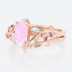 Elongated Hexagon Pink Opal Ring Set Vine Leaf Engagement Ring with Curved Wedding Band Set in Rose Gold