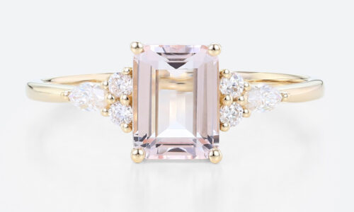 1.4ct Morganite Engagement Ring​ Emerald Cut Cluster Bridal Ring in Yellow Gold