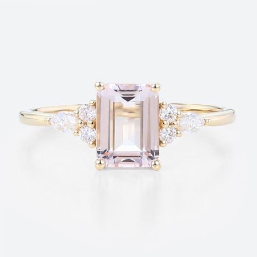 1.4ct Morganite Engagement Ring​ Emerald Cut Cluster Bridal Ring in Yellow Gold