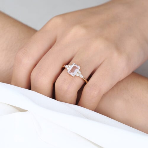 1.4ct Morganite Engagement Ring​ Emerald Cut Cluster Bridal Ring in Yellow Gold