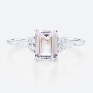 1.4ct Morganite Engagement Ring​ Emerald Cut Cluster Bridal Ring in White Gold