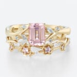 Nature-Inspired 2.2ct Emerald Cut Morganite Rings Set with Floral Curved Bands in Yellow Gold