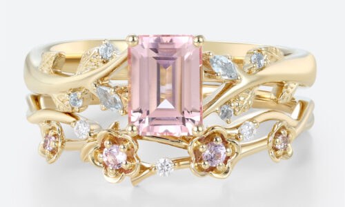 Nature-Inspired 2.2ct Emerald Cut Morganite Rings Set with Floral Curved Bands in Yellow Gold