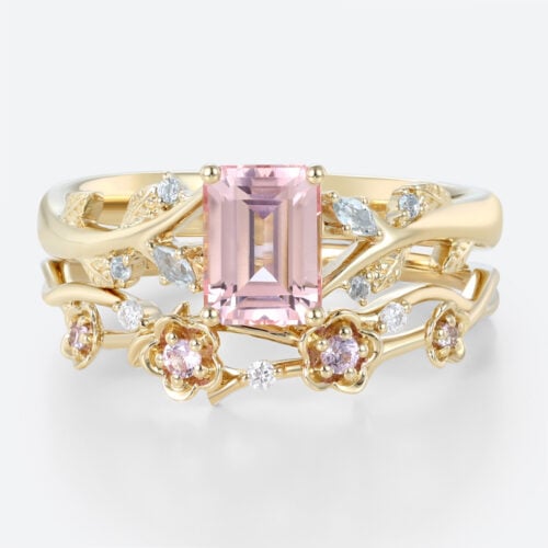 Nature-Inspired 2.2ct Emerald Cut Morganite Rings Set with Floral Curved Bands in Yellow Gold