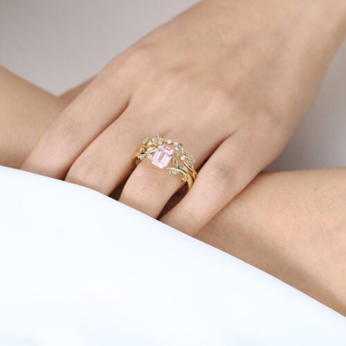 Nature-Inspired 2.2ct Emerald Cut Morganite Rings Set with Floral Curved Bands in Yellow Gold