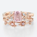Nature-Inspired 2.2ct Emerald Cut Morganite Rings Set with Floral Curved Bands in Rose Gold