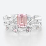 Emerald Cut Morganite Nature-Inspired Bridal Ring Set with Floral Curved Bands (5)