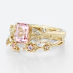 Nature-Inspired 2.2ct Emerald Cut Morganite Rings Set with Floral Curved Bands in Yellow Gold