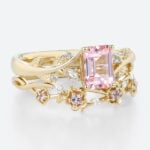 Nature-Inspired 2.2ct Emerald Cut Morganite Rings Set with Floral Curved Bands in Yellow Gold