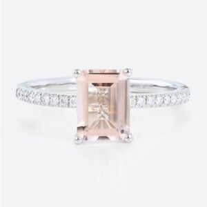 1.4ct Emerald Cut Morganite Rings​ Classic Pavé Engagement Ring in White Gold