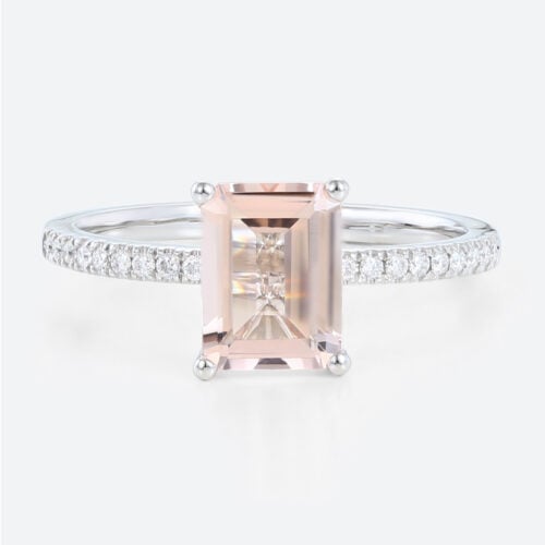 1.4ct Emerald Cut Morganite Rings​ Classic Pavé Engagement Ring in White Gold