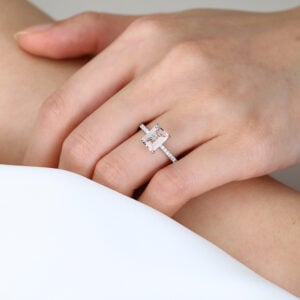 1.4ct Emerald Cut Morganite Rings​ Classic Pavé Engagement Ring in White Gold